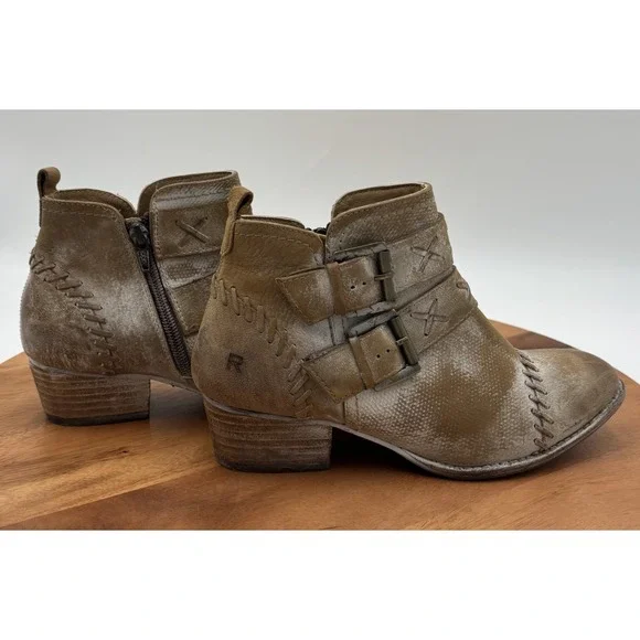 ROAN By Bed Stu Dune Heeled Leather Ankle Booties Distressed Tan White 6 - Picture 3 of 8